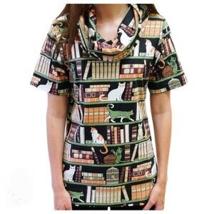 SVAHA SM NWOT "CAT-A-LOG" Books Shelf Mouse Cats Cowel Neck Hi Low Hem Tunic Top
